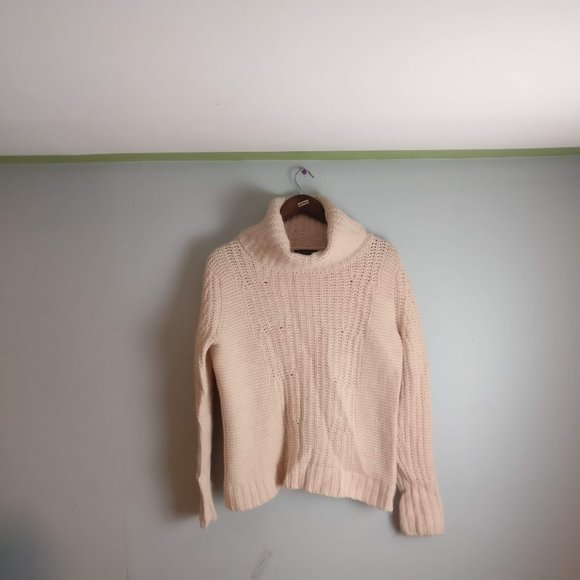 Merino Wool Alpaca blend Chunky Knit Rollneck Pointelle Turtleneck Sweater Cream - Picture 5 of 7